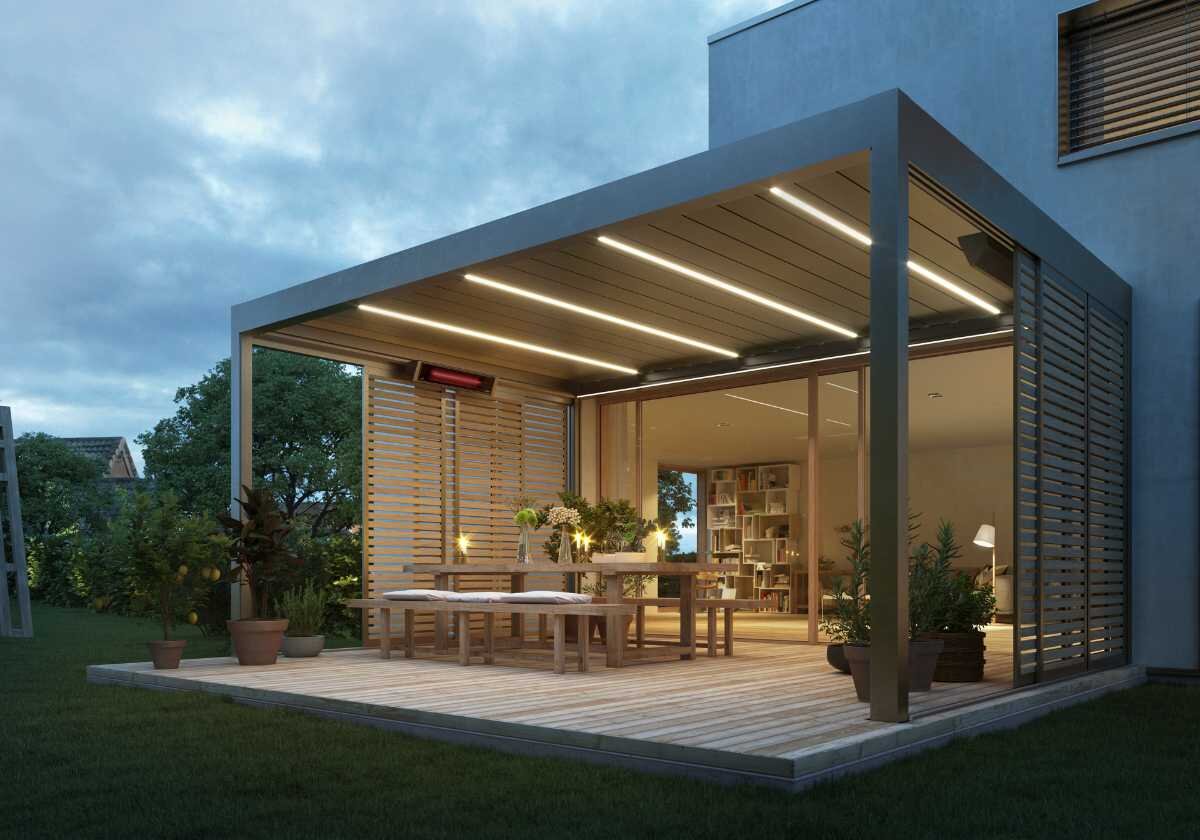 Stilvolle und funktionale Terrassenüberdachung für gemütliche Abende Moderne überdachte Terrasse mit LED-Beleuchtung und Gartenmöbeln